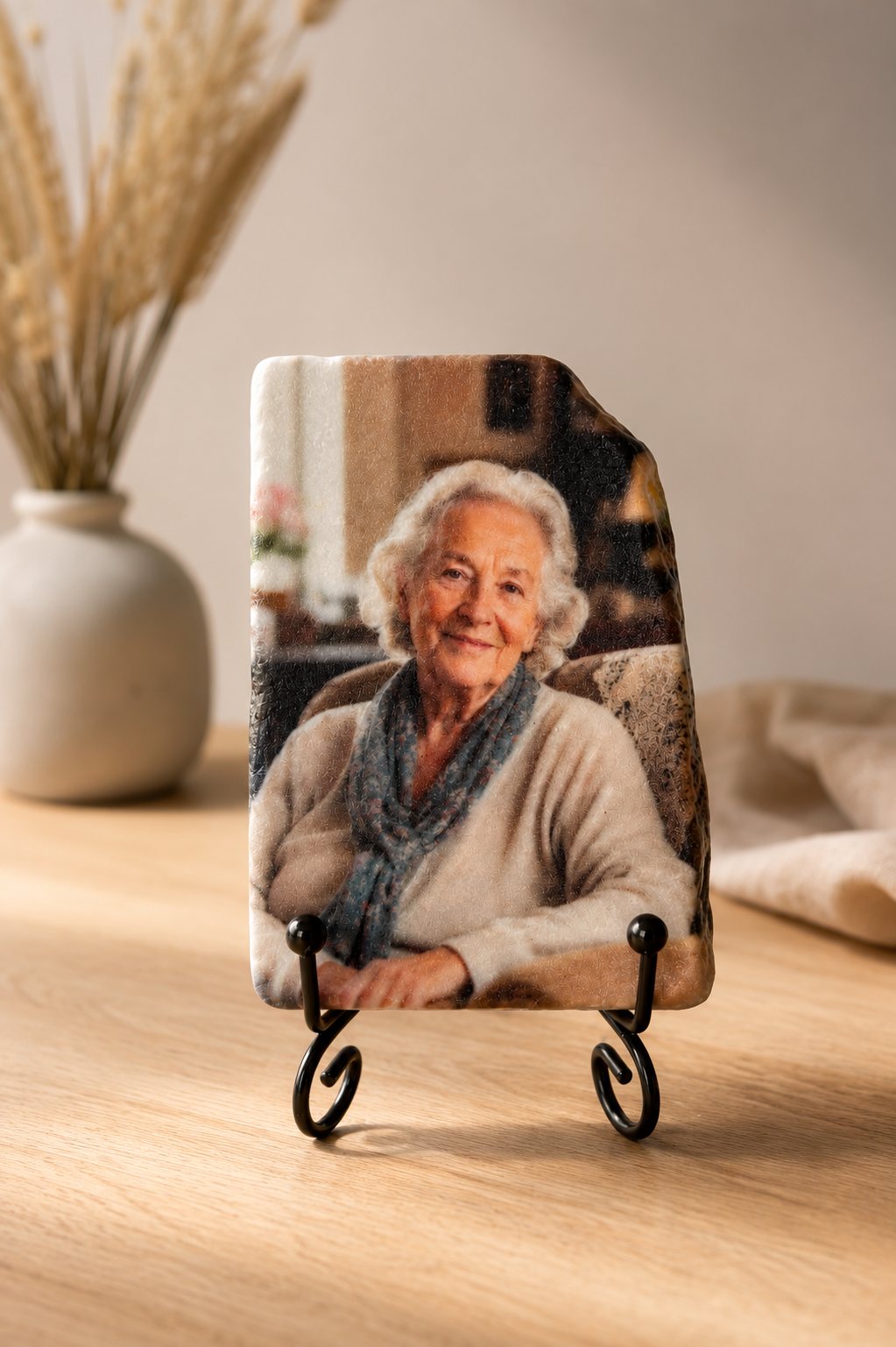 Herinneringssteen van marmer met een foto van een grootmoeder, op een houten dressoir